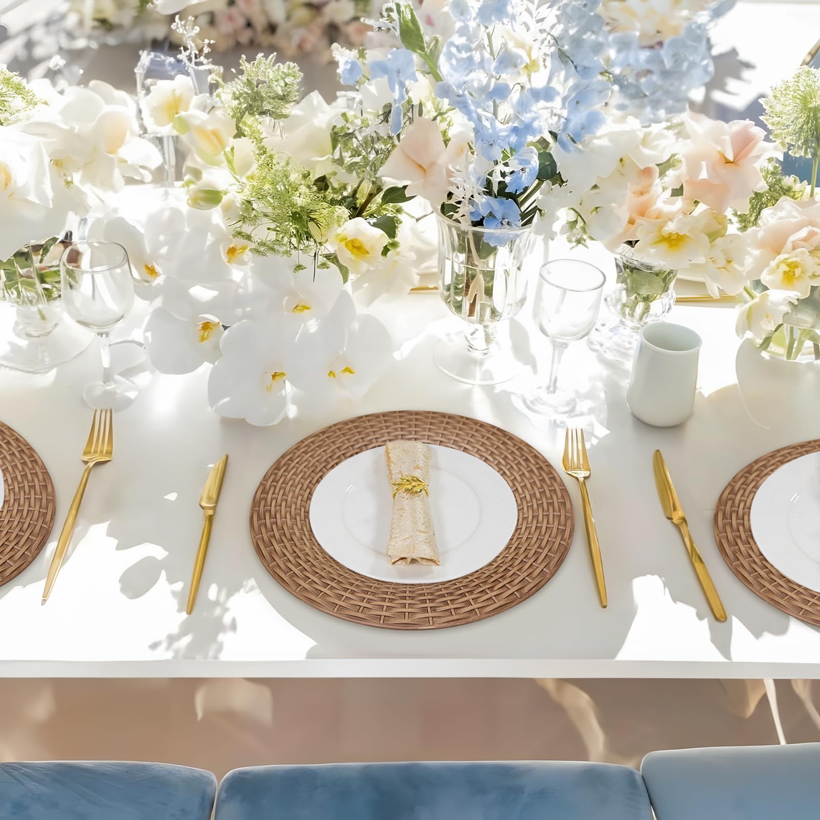 MAONAME Faux Rattan Charger Plates Set of 12, Table Chargers for Dinner Plates, 13" Round Brown Plate Chargers, Plastic Charger for Table Setting, Wedding Decor