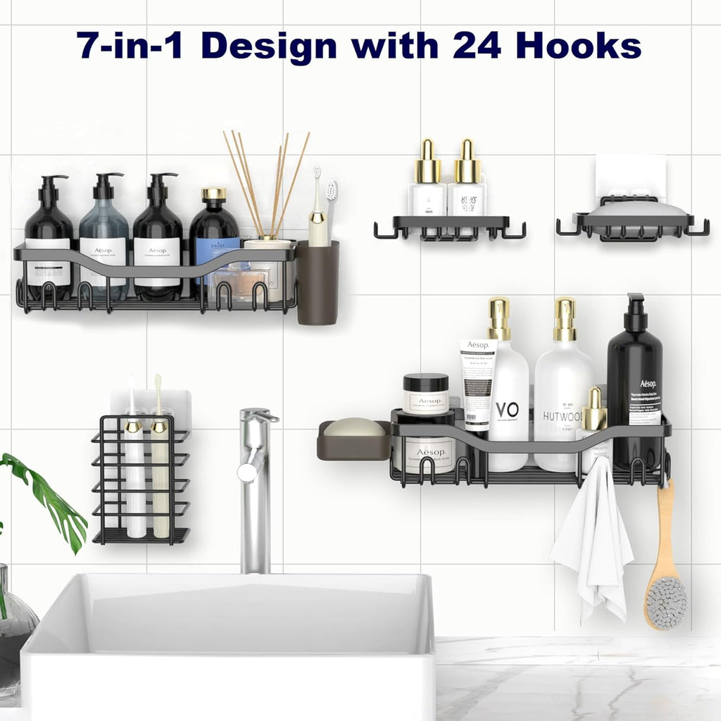 NESOMI Shower Caddy - Rustproof Stainless Steel Organizer with Soap Dish & Hooks | 7-Pack, No-Drill Storage Solutions