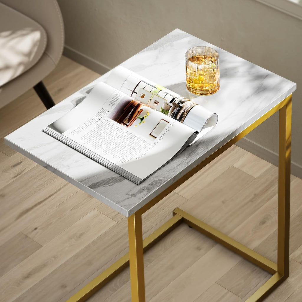 Pipishell C Shaped End Table - Modern Marbling Wood Top, 27-Inch High - Perfect for Couch or Sofa