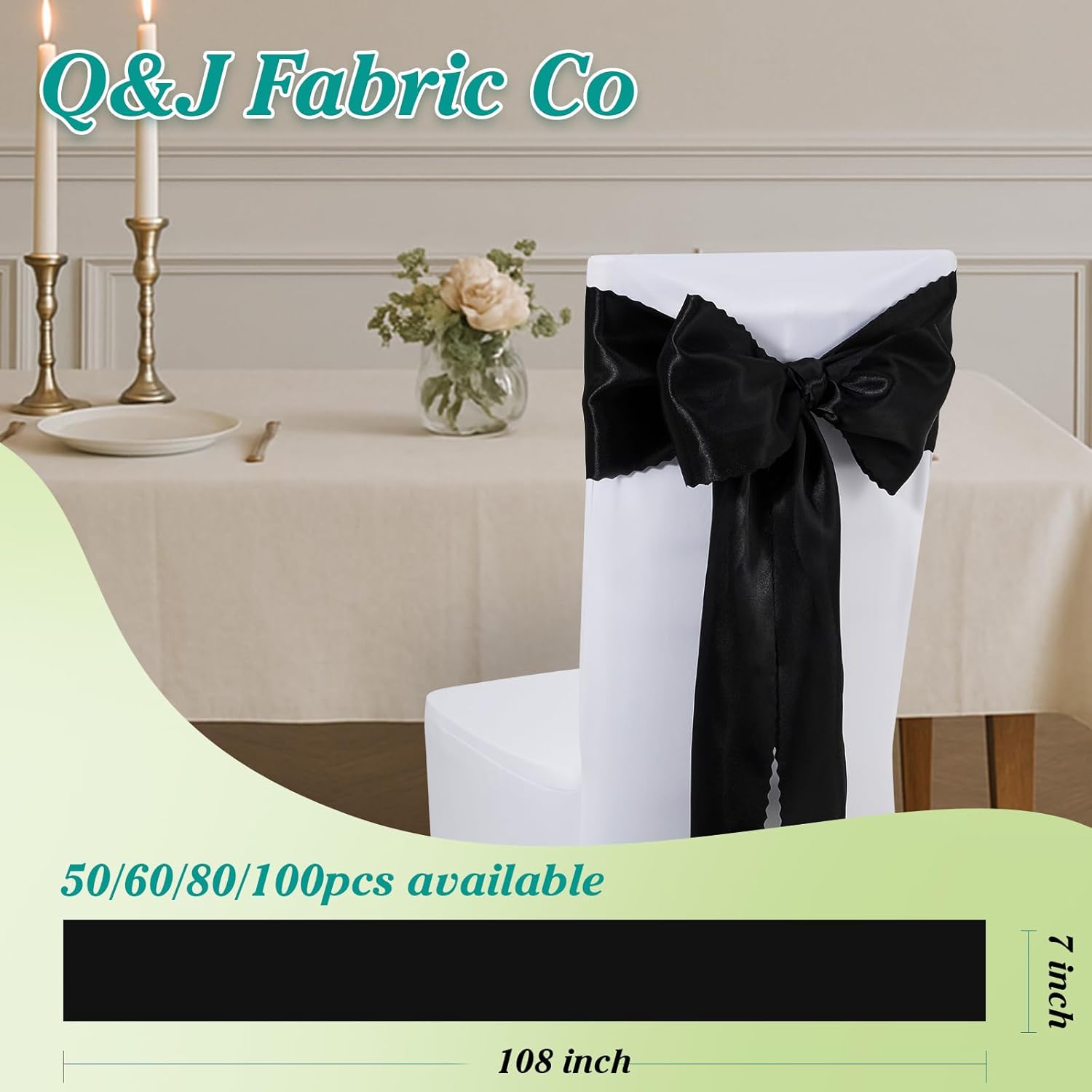 Skiennix Black Satin Chair Sashes - Upgraded 7" x 108" Bows for Weddings & Events | 50 Pack