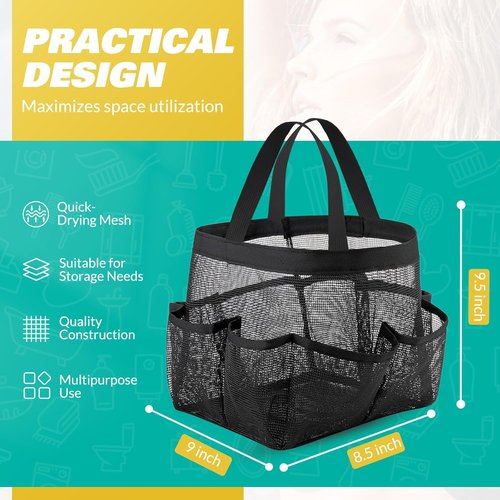 LOYEE Mesh Shower Caddy - Portable College Dorm Room Organizer with 8 Pockets | Black Travel Bag