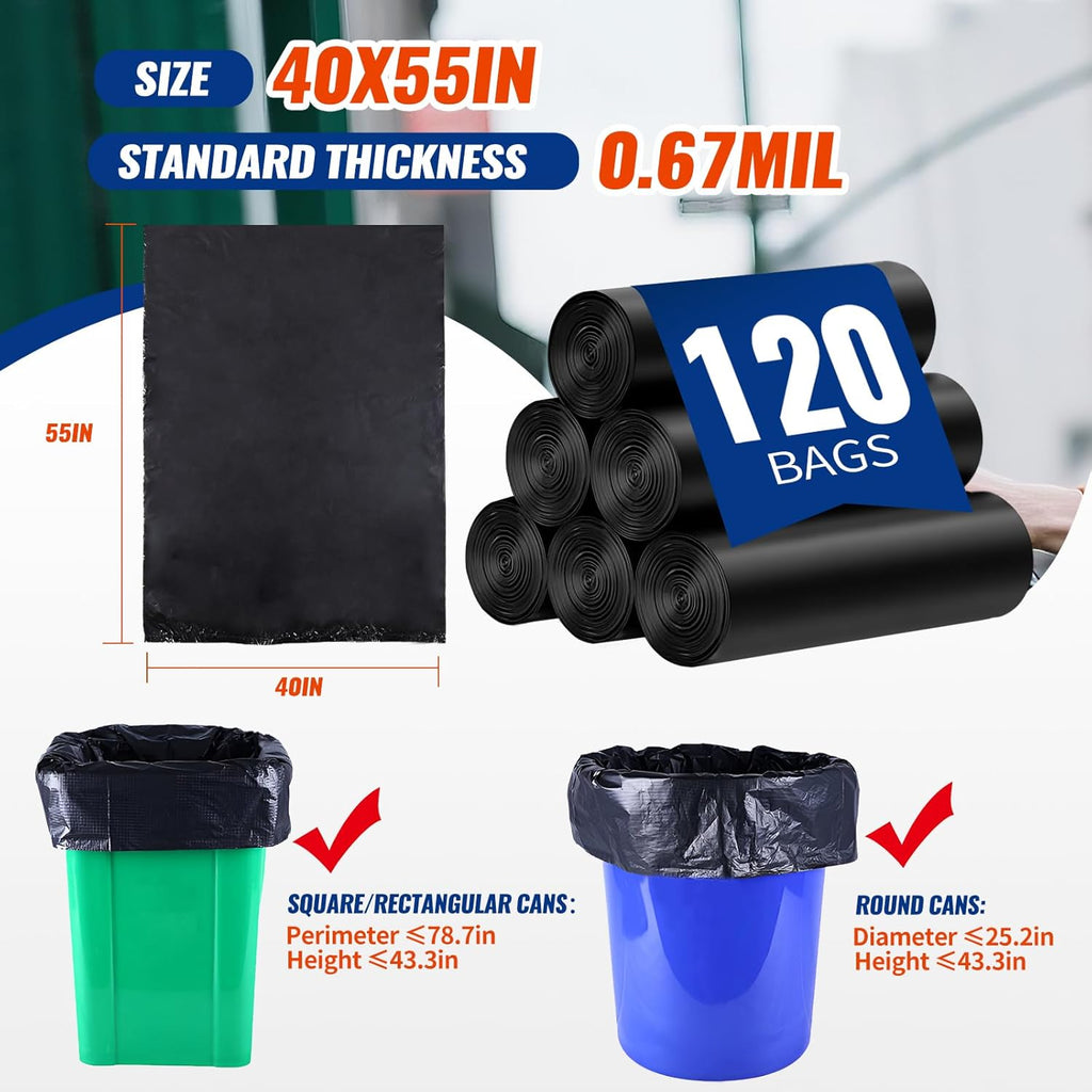 Skiennix 120 Count Trash Bags - Tear-Free 55-60 Gallon Black Garbage Bags for Home & Outdoor Use