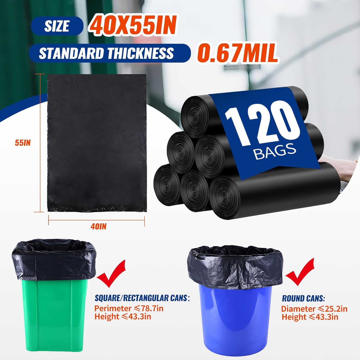 Skiennix 120 Count Trash Bags - Tear-Free 55-60 Gallon Black Garbage Bags for Home & Outdoor Use