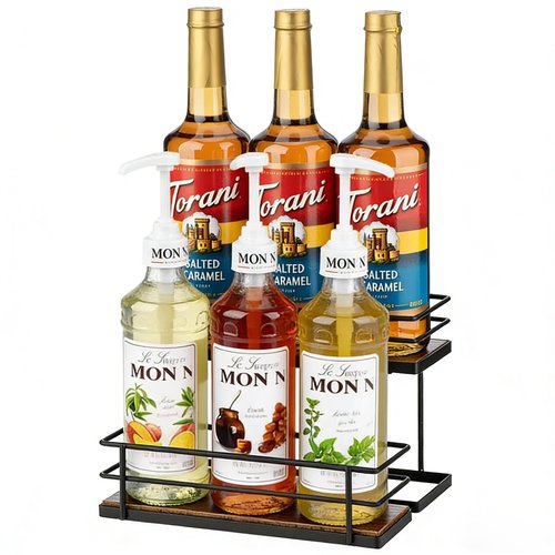 EFYSE Coffee Syrup Organizer rack, 2 Tier Syrup Holder(6 Bottle Capacity) for coffee bar syrup storage,kitchen condiment organization and wine display.