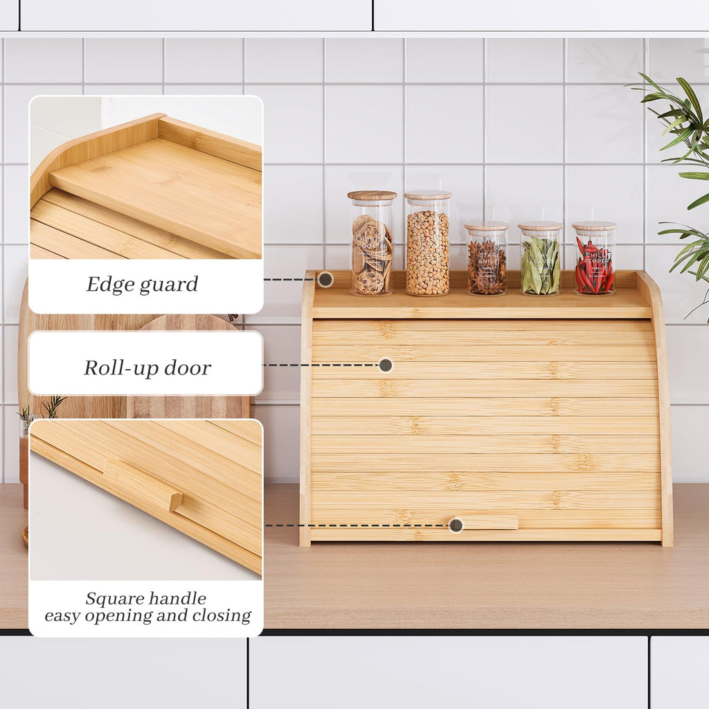 Kitsanery Bread Box for Kitchen Countertop, Bamboo Bread Storage, Double-Layer Roll-Top Bread Container, Farmhouse Bread Holder for Homemade Bread (Natural, single layer)