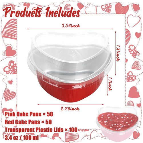 100 Pcs Heart Shaped Cake Pans with Lids Mini Aluminum Foil Cupcake Baking Tins 3.4 Oz Disposable Heart Shape Containers for Valentine's Day, Mother's Day, Wedding, Christmas (Red, Pink)
