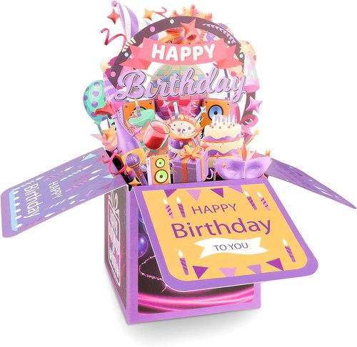 Happy Birthday Pop Up Card - Unique 3D Greeting Card for Men & Women | Foldable Celebration Card (Purple)