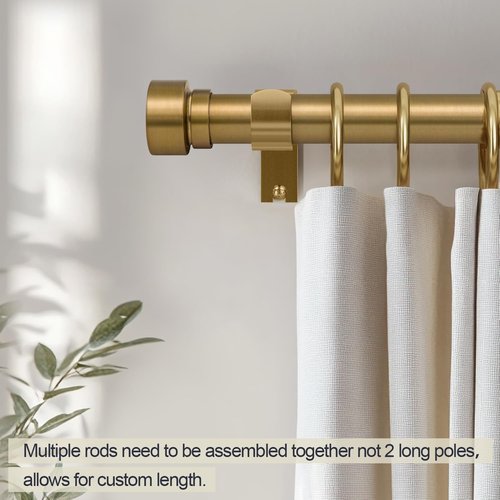Lootkell Adjustable Warm Gold Curtain Rods - Heavy Duty 1" Diameter for Windows 72" to 144" | Solid Metal Finials