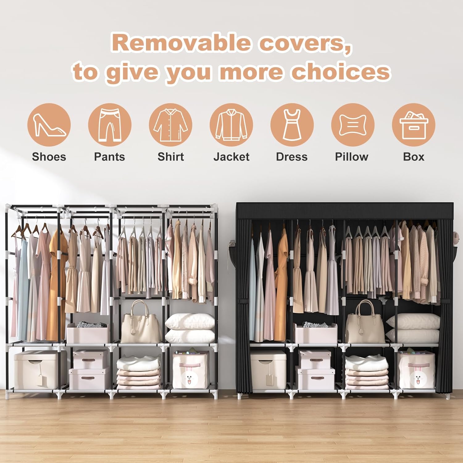 VTRIN Portable Closet - 67 Inch Wide Wardrobe with Cover, 4 Shelves & 4 Hanging Rods - Sturdy Black Design