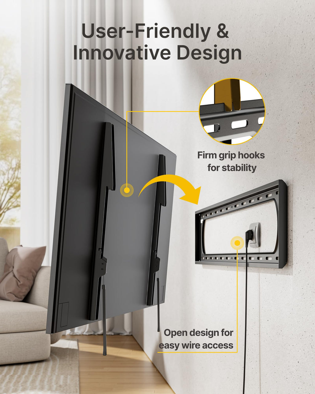 monTEK Heavy Duty Fixed TV Wall Mount Bracket for 60–120" Flat & Curved TVs up to 300lbs, 4× Load Tested, Ultra Slim 1.3" Low Profile, Max VESA 900x600, Quick-Release Lock, Fits 16"/18"/24" Wood Studs
