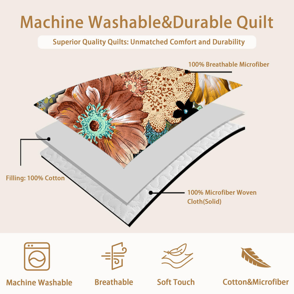 Boho Floral Quilt Sets King Size Reversible Mid Century Quilt Bedding Set Bohemian Design Soft Bedspread 3 Pieces Microfiber Lightweight Coverlet with 2 Pillow Shams for All Seasons, 106''x96''