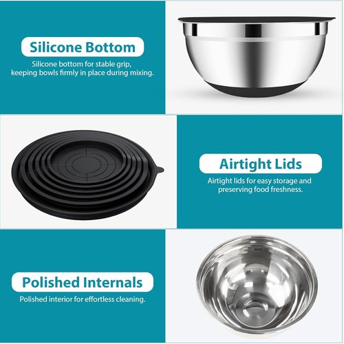 20-Piece Mixing Bowls Set by [Brand Name] - Airtight Lids, Stainless Steel, Non-Slip Silicone Bottoms | Perfect for Baking & Serving