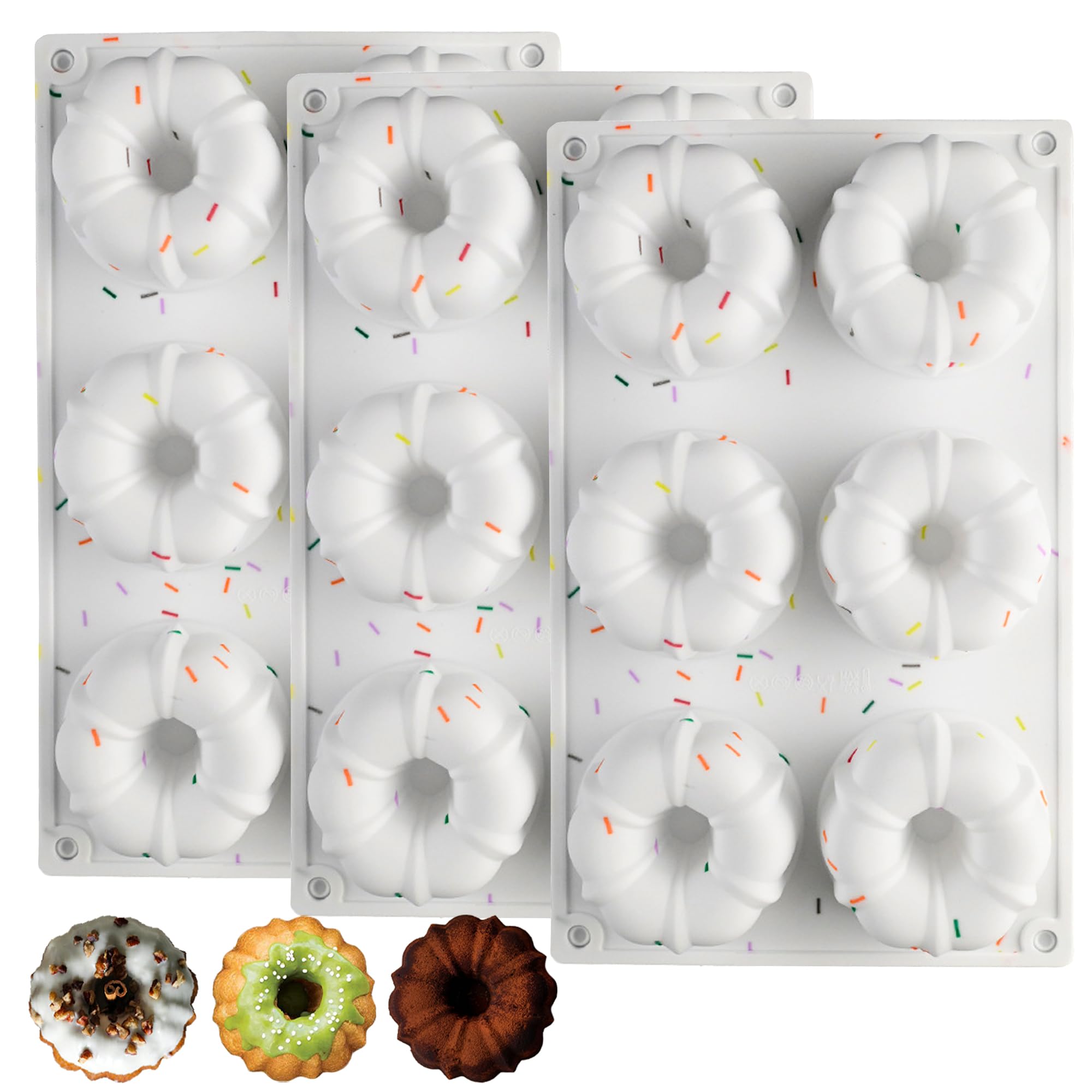 SmartKitch Jello Molds, 3pcs Silicone Fluted Tube Cake Pans, 6-Cavity Non Stick Silicone Baking Molds for Cupcake, Donuts, Muffin, Cornbread, Brownie, Jellies (Confetti)