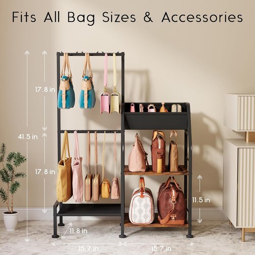 Homsorout Purse Organizer for Women - 3-Tier Storage Stand with 12 Fixed Hooks | Space-Saving Black Rack