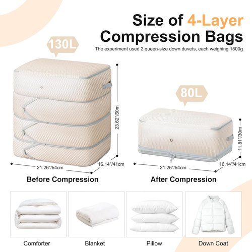 Comforter Storage Bag - 130L Large Capacity Washable Compression Organizer | 4-Layer Space Saving, 2-Pack, Beige