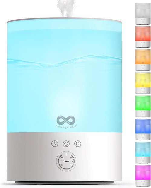 Everlasting Comfort 2.5L Top Fill Humidifier - Quiet Ultrasonic Cool Mist, 24HR Runtime, Night Light & Timer - White