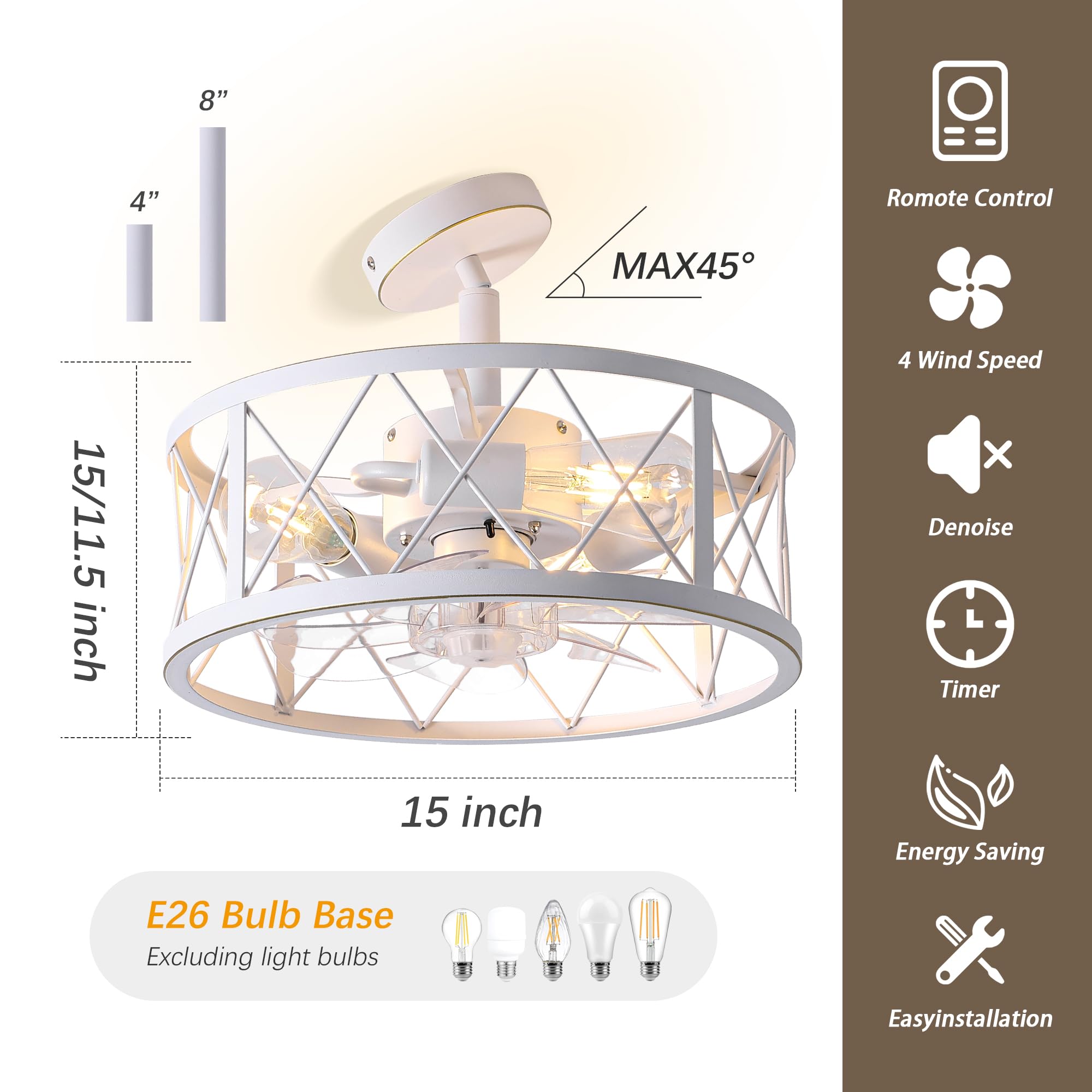 REDSTAR 15" Caged Ceiling Fans with Lights and Remote Flush Mount, White Round Industrial Ceiling Fan Light Fixture, Small Bladeless Ceiling Fan for Bedroom, Kitchen, Indoor