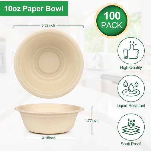 Bionutrio Paper Bowls 10 oz, 100 Pack Small Disposable Bowls, Heavy Duty Paper Bowls for Hot Soup, Salad, Dessert, 100% Compostable Biodegradable Microwavable Safe