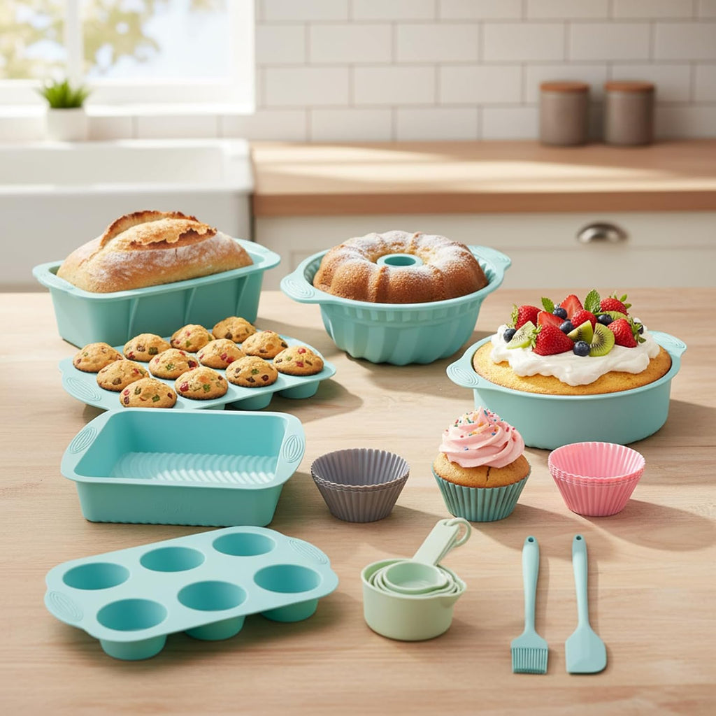 Skiennix 25 PCS Silicone Baking Pans Set - Nonstick Bakeware with Round/Square Cake Pans & Muffin Cups