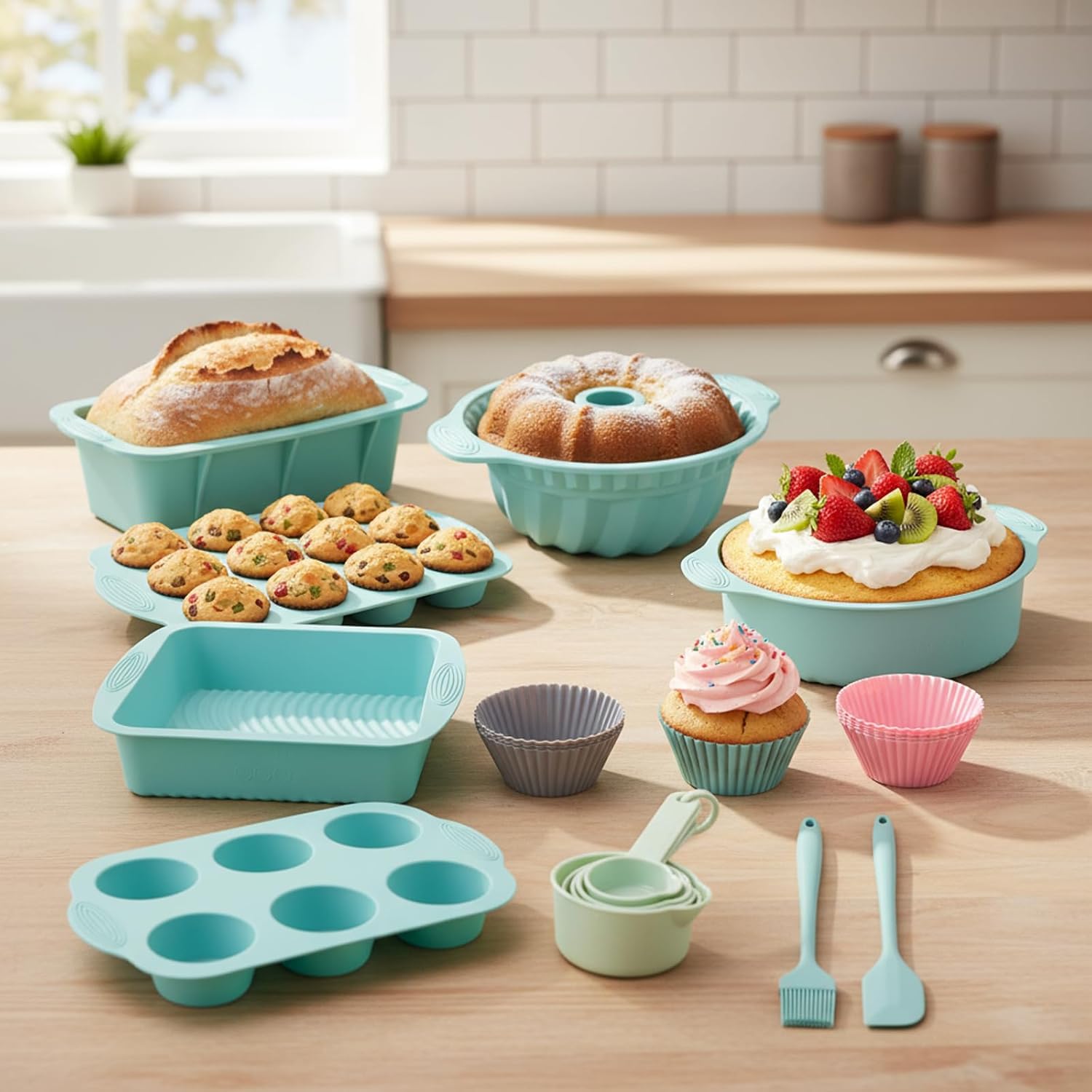 Skiennix 25 PCS Silicone Baking Pans Set - Nonstick Bakeware with Round/Square Cake Pans & Muffin Cups