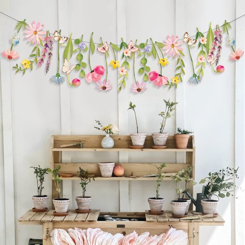 Butterfly Banner Wildflower Party Decorations Paper Flower Leaves Banner Butterfly Garland for Wall Decoration Spring Baby Shower Wedding Backdrop Decorations