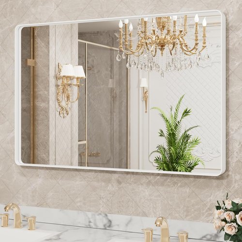 LOAAO Bathroom Mirror - 48x32 Inch White Metal Framed Vanity Mirror | Large Rounded Rectangle, Anti-Rust Tempered Glass, Versatile Hanging Options