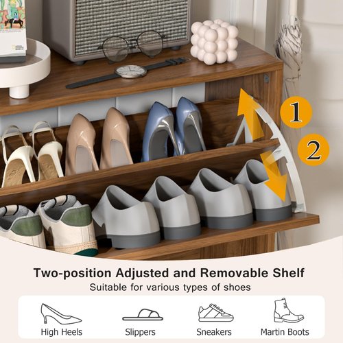 Fsbecl Shoe Storage Cabinet - Narrow Wood Organizer with 2 Flip Drawers | Fluted Panel Design in Walnut