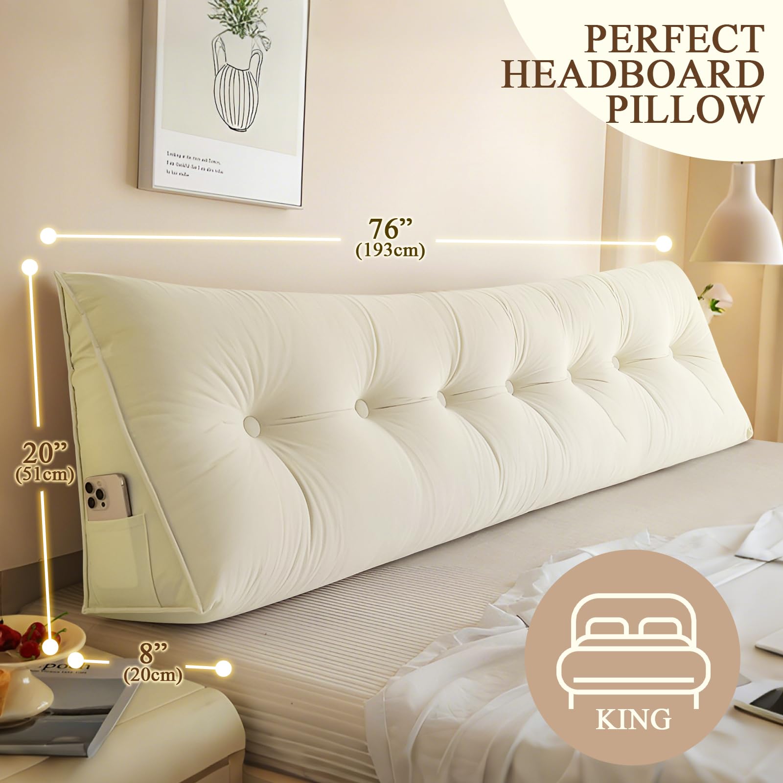 DANGHOOGY Headboard Pillow King, Large Triangular Wedge Headboard Pillow for Reading and Resting, Backrest Positioning Support Pillow with Removable Cover (Beige)