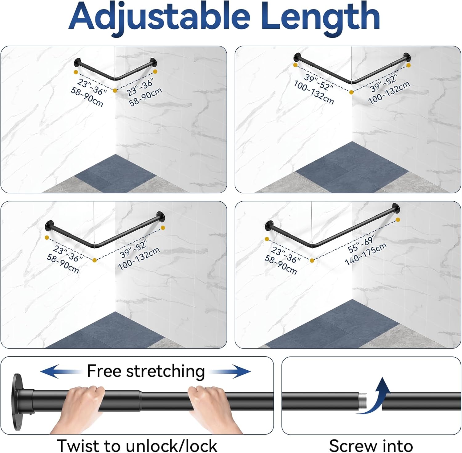 Skiennix L-Shaped Shower Curtain Rod - Adjustable 23''-69'' | Durable 304 Stainless Steel, Black