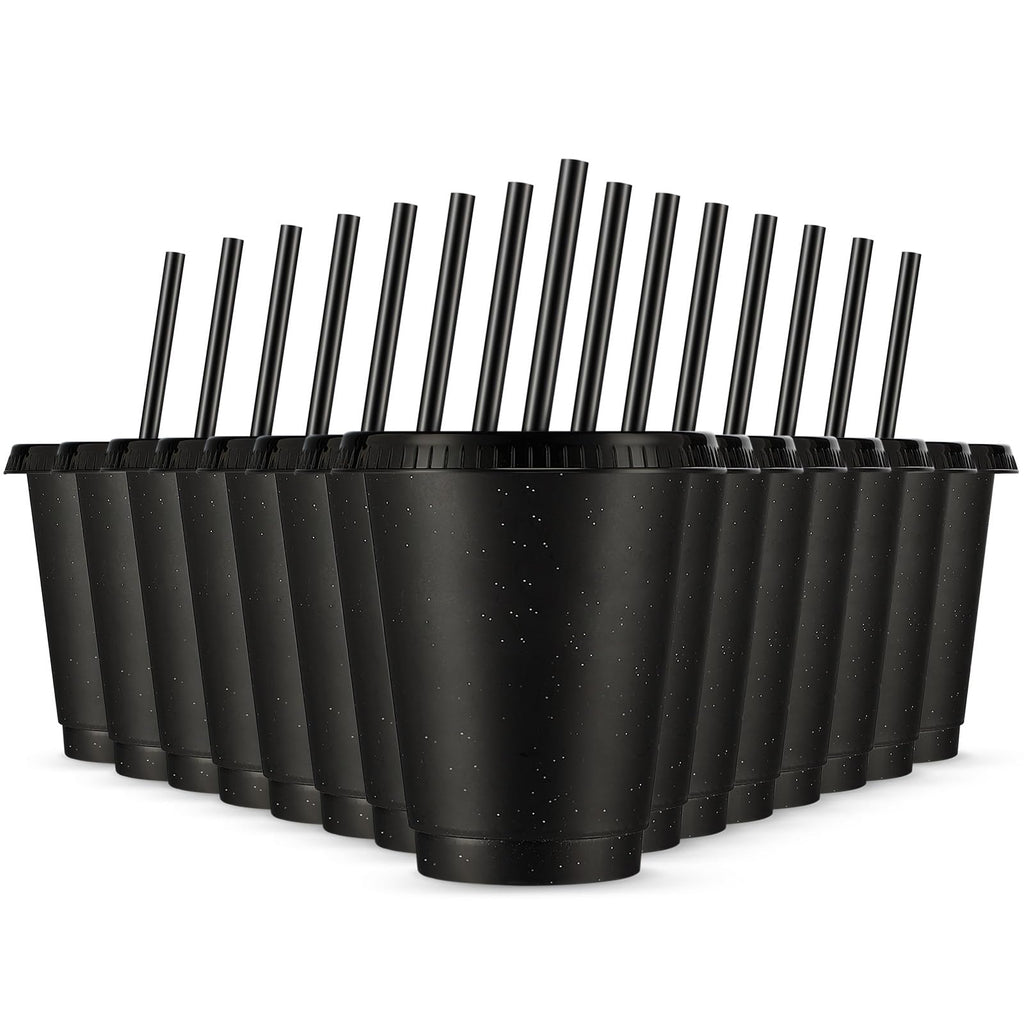 Rtteri 15 Pcs Reusable Cups with Straws and Lids 16 oz Glitter Tumblers Plastic Party Favor Cups with Lids Travel Mug Tumbler for Easter Graduation Party Iced Beverage Water(Black)