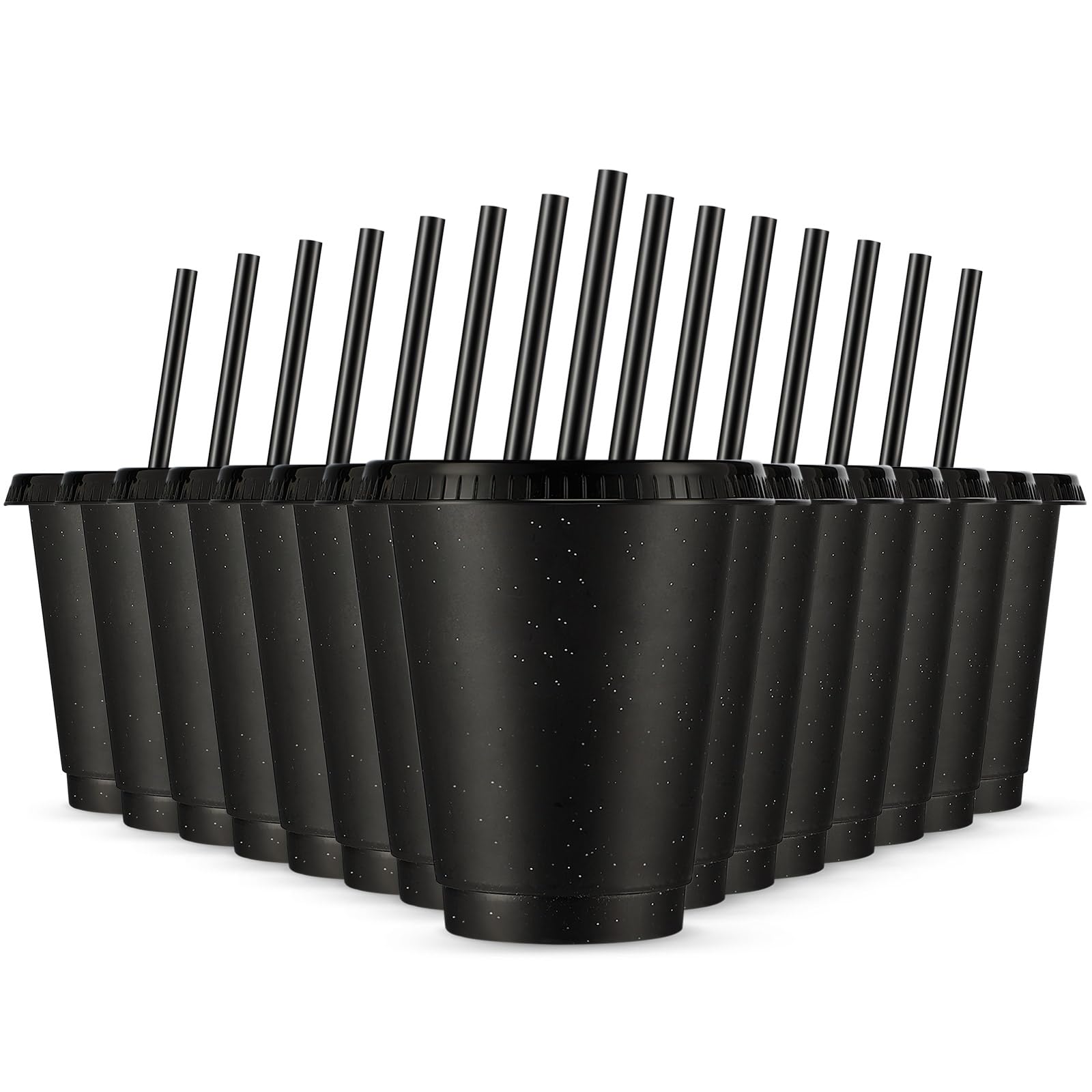 Rtteri 15 Pcs Reusable Cups with Straws and Lids 16 oz Glitter Tumblers Plastic Party Favor Cups with Lids Travel Mug Tumbler for Easter Graduation Party Iced Beverage Water(Black)