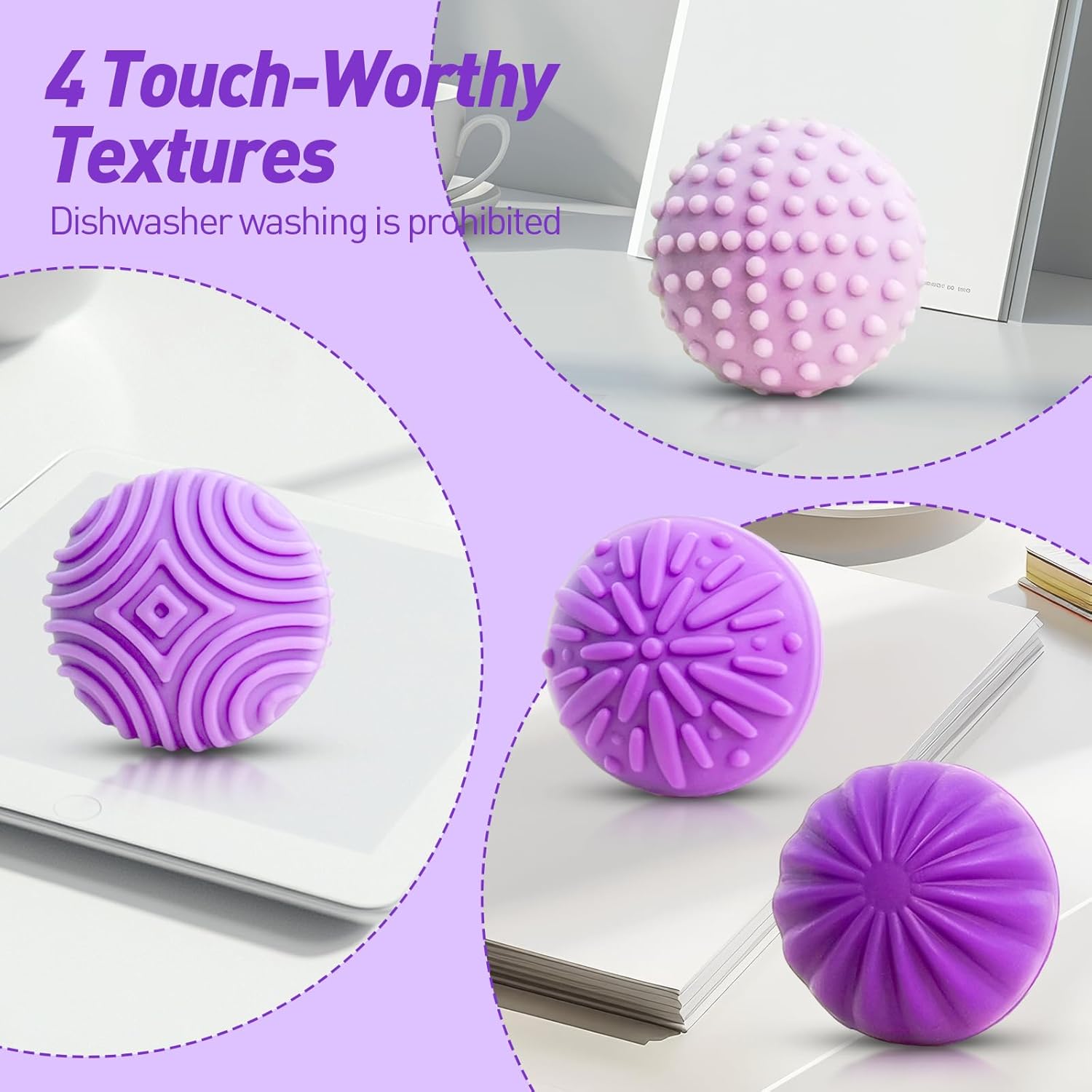 Skiennix Fidget Toys - Magnetic Stress Balls for Adults & Teens | 8 Silicone Stress Relief Toys with 4 Textures & Organizer Box (Lavender)