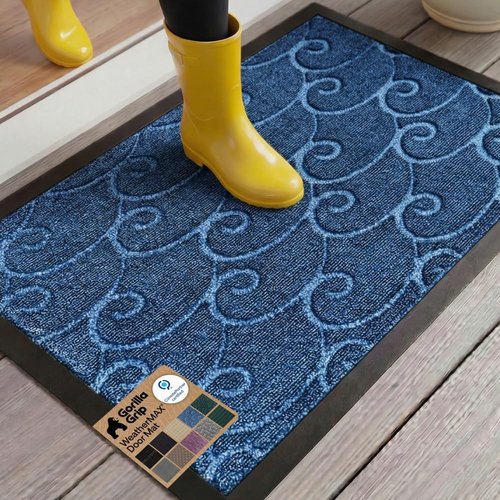 GORILLA GRIP Waterproof All-Season Doormat - Natural Rubber, Stain & Fade Resistant, 29x17, Ocean Blue Waves