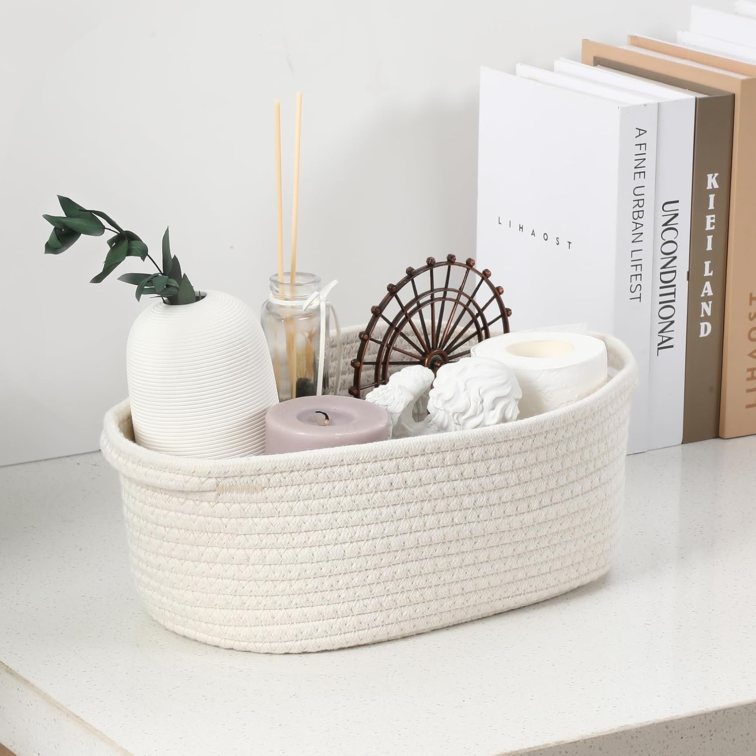 Skiennix 2-Pack Small Woven Baskets - Decorative Cotton Rope Storage Bins with Handles | 12"x8"x5", White