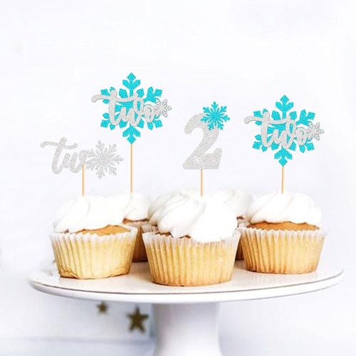 Ercadio Blue Snowflake Cupcake Toppers - 24 PCS Glitter Picks for Winter Onederland Theme Party