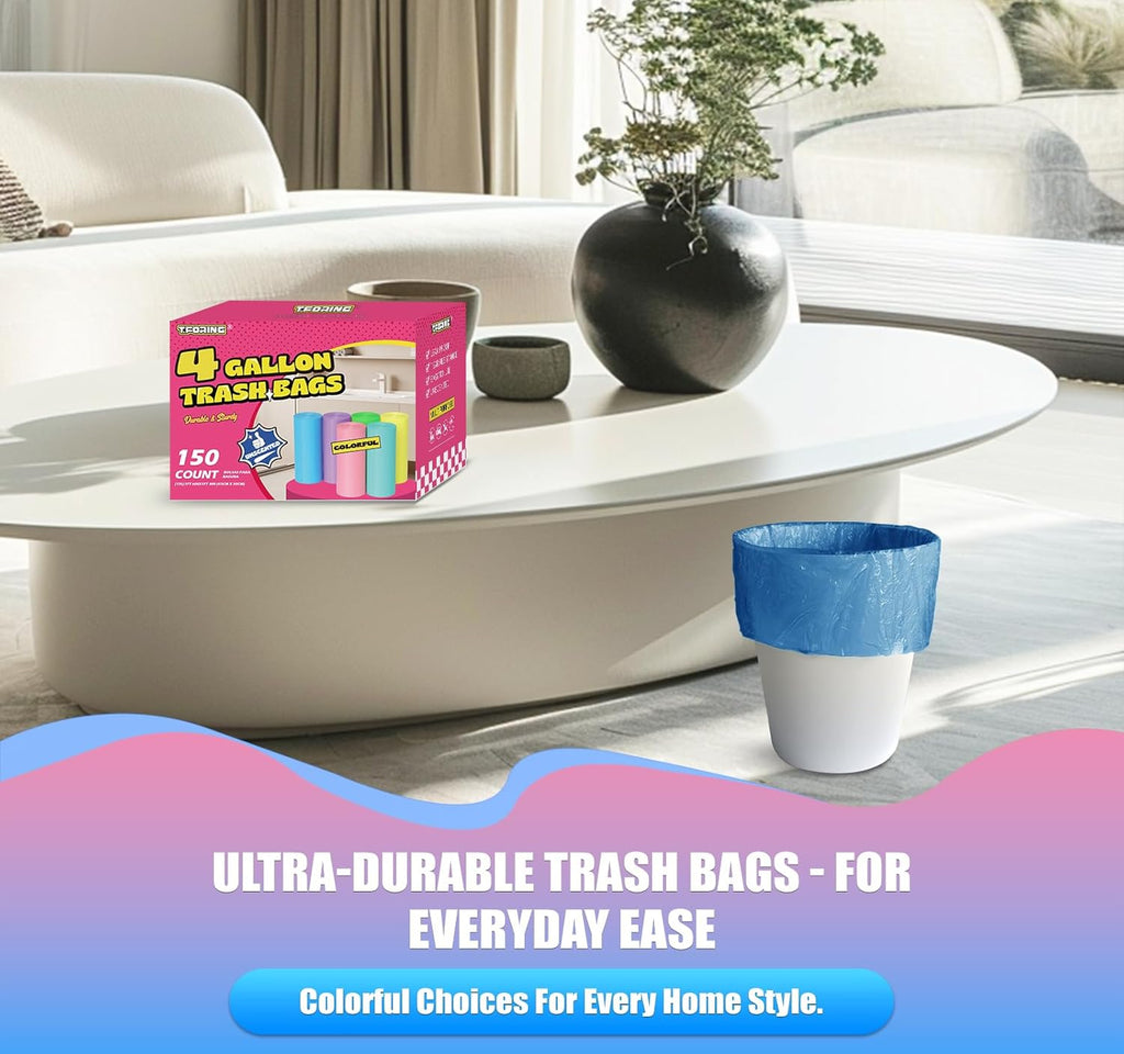 Skiennix 150 Count Small Trash Bags - Unscented Leak-Proof Colored Bathroom Liners | 4 Gallon, 15 Liter