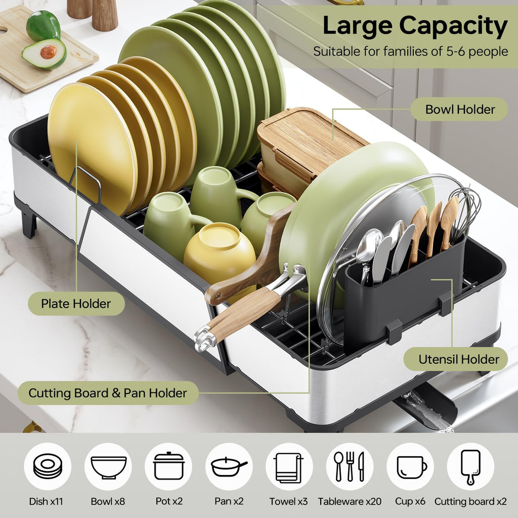 Urackify Large Dish Drying Rack - Triple Expandable Dish Rack for Kitchen Counter, Stainless Steel Sink Organization and Storage Essentials with Utensil & Pans Holder for Home and Appartment, Black