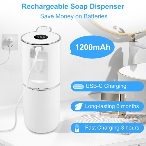 Ipefan Automatic Soap Dispenser,6-Level Foaming Hand Soap Dispenser,Touchless Dish Soap Dispenser for Kitchen Sink Bathroom,Ipx5 Waterproof,1200mah Rechargeable,12.8oz/380ml,Wall Mount & Countertop