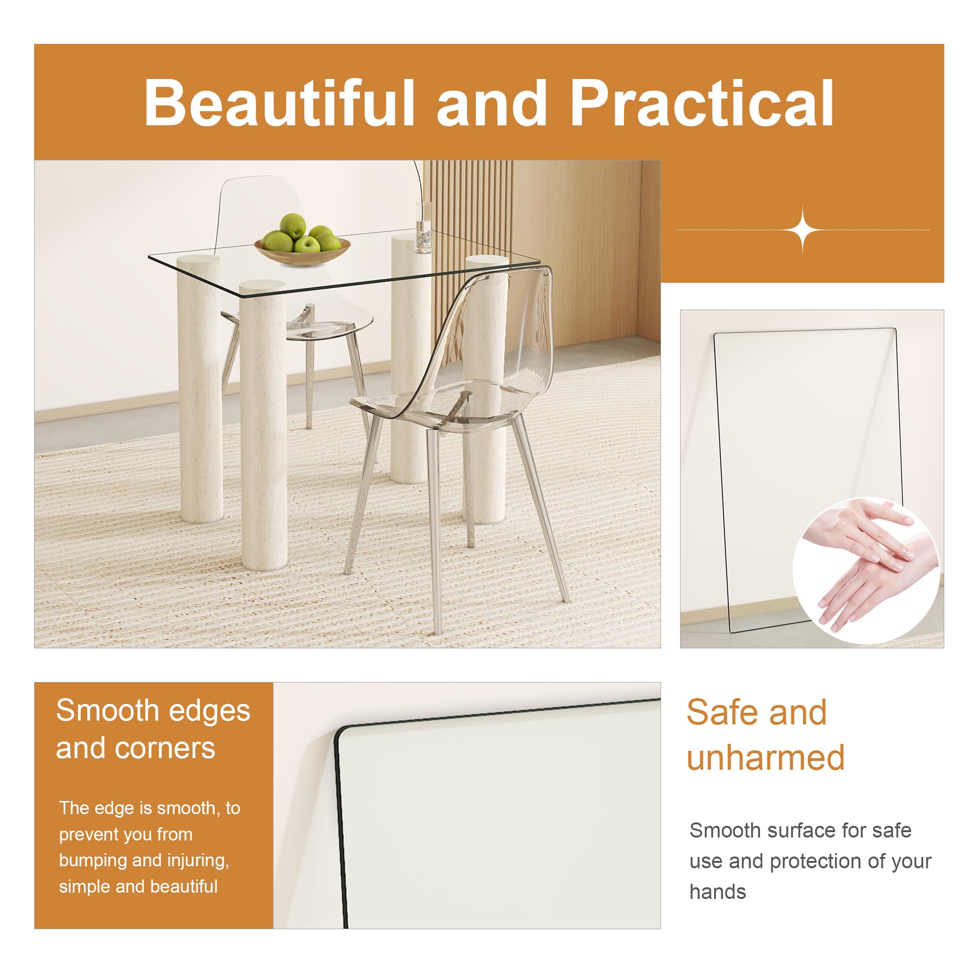 Virelix Rectangle Tempered Glass Table Top, Clear Surface 1/4" Thick Flat Polished Edge for Furniture Protection Patio Dining Coffee End Tables