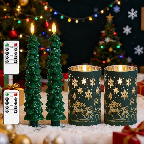 Lezonic Flameless Christmas Candles - Remote-Controlled Green Tree Flickering LED | Set of 4 Real Wax Decor