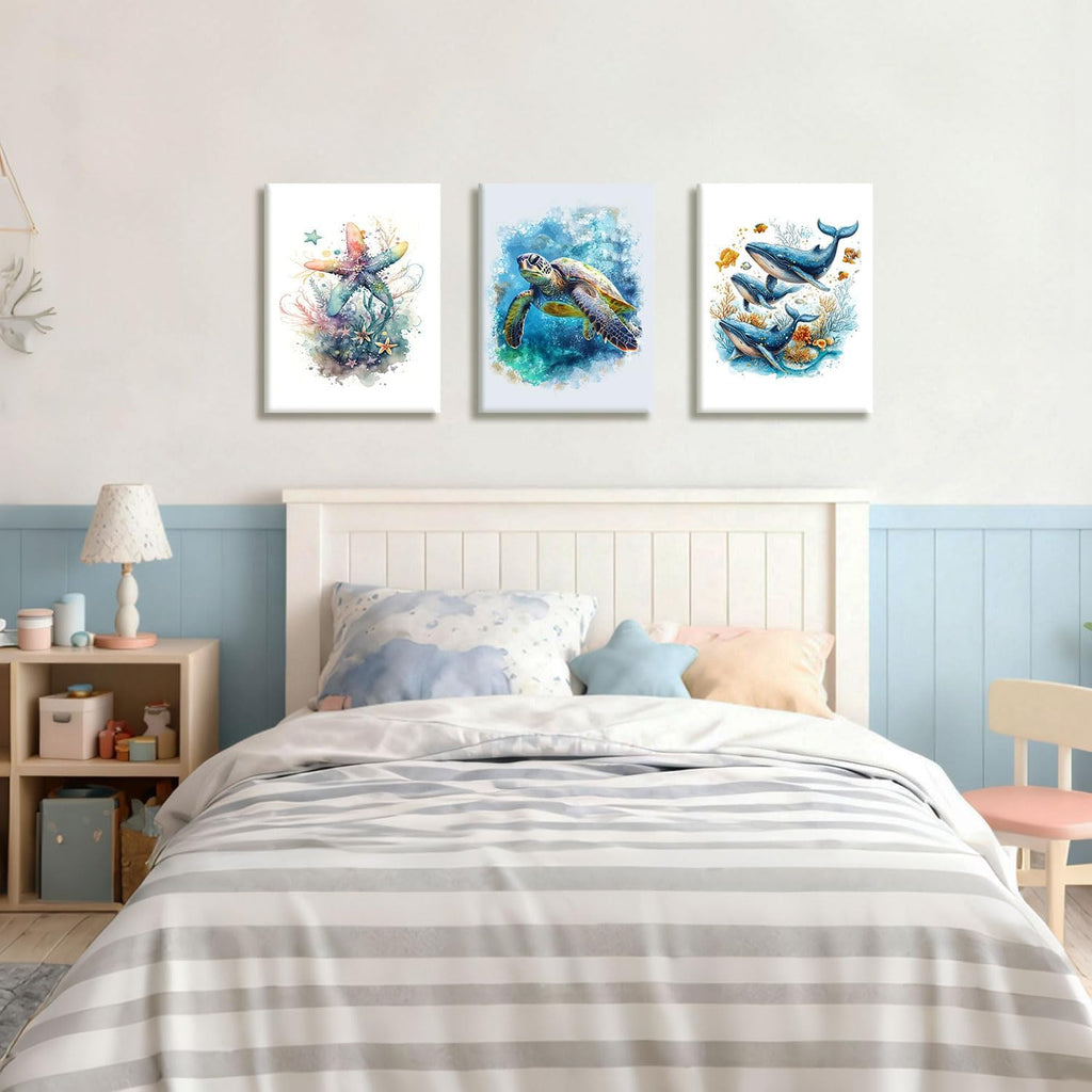 NCCXNCC Marine Animal Canvas Wall Art - Watercolor Sea Turtle, Whale & Starfish Prints | 12x16 IN
