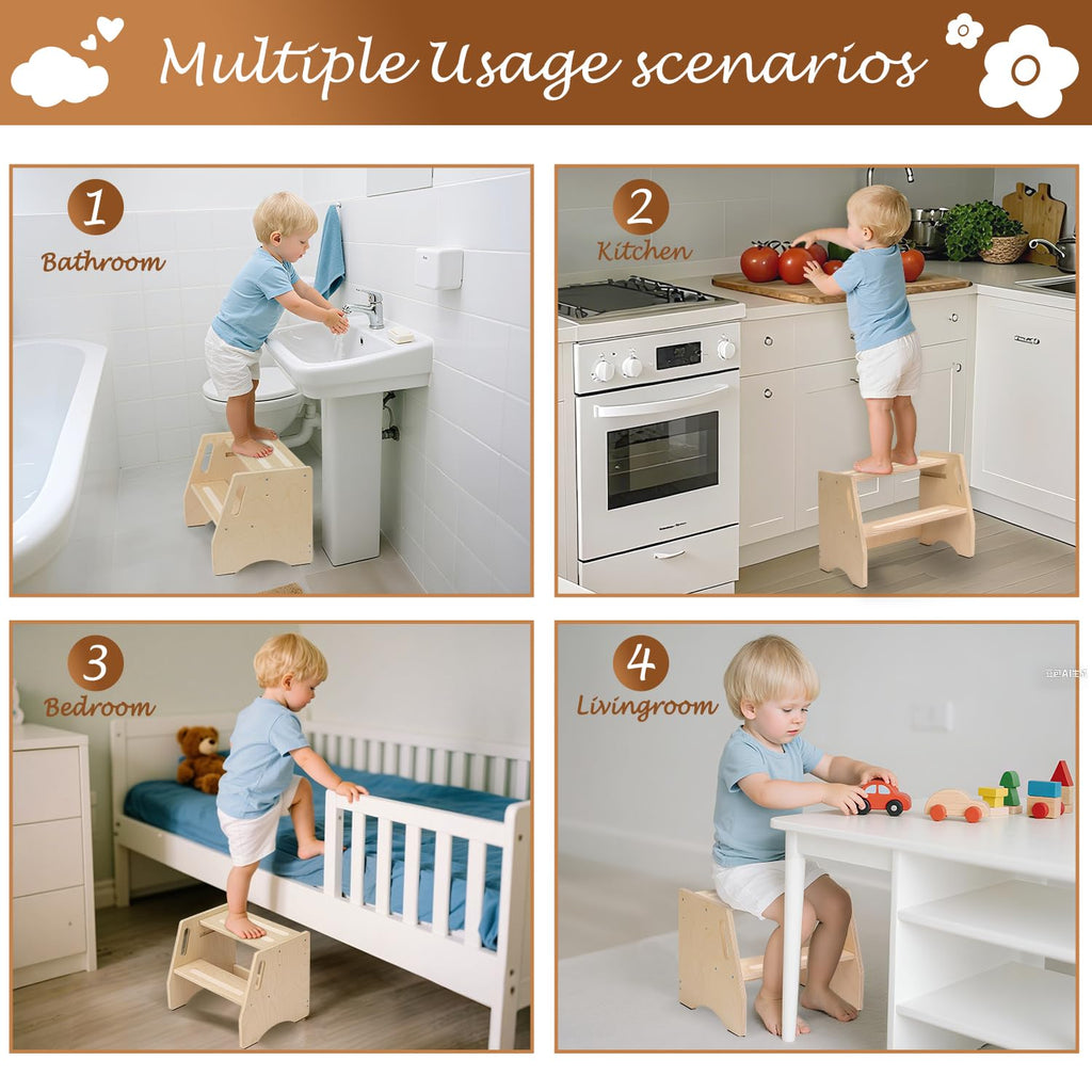 Step Stool for Toddlers & Kids - Wooden Height Adjustable Kids 2 Step Stool with Safe Non-Slip Pads - Potty Training Stool for Bathroom Sink, Bedroom,Kitchen Dual Height Step Stools for Kids(Natural)