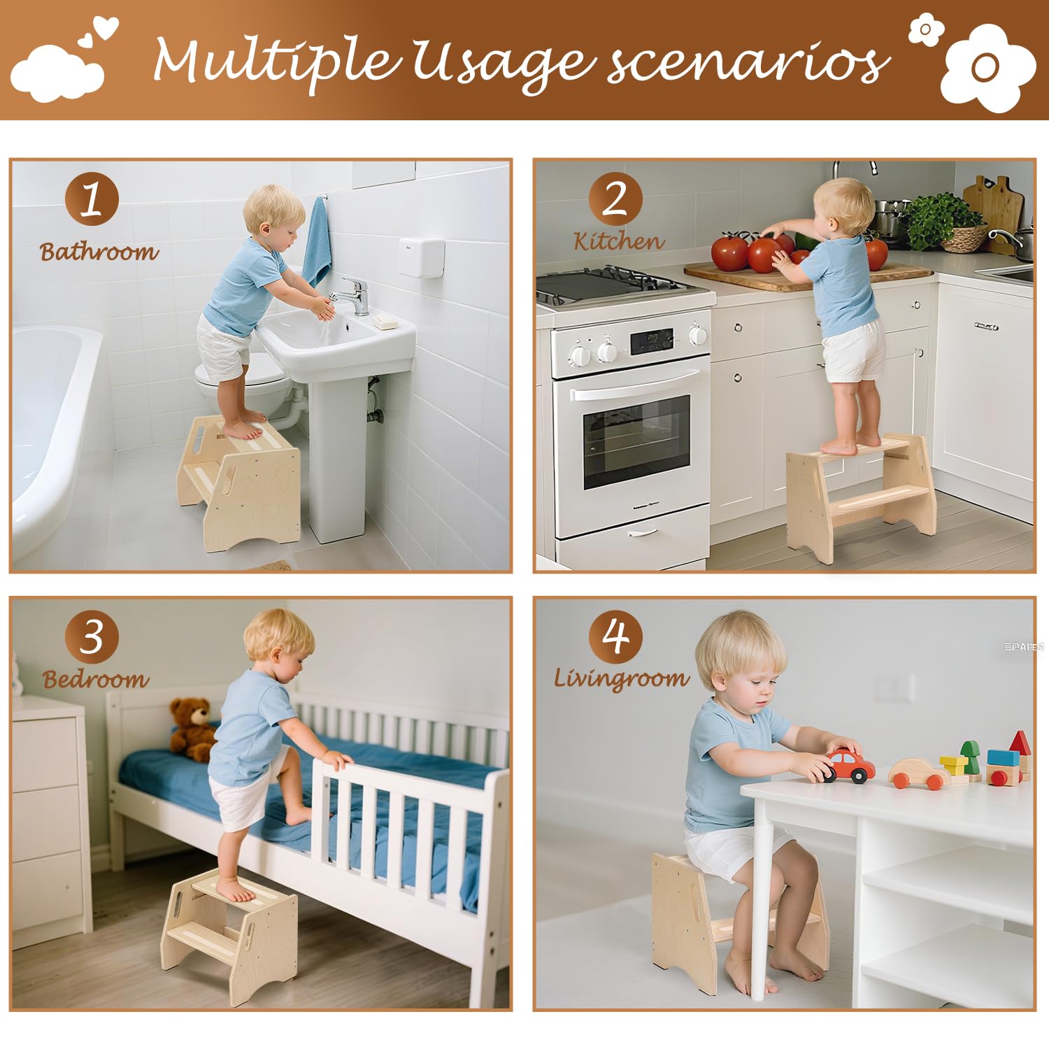 Step Stool for Toddlers & Kids - Wooden Height Adjustable Kids 2 Step Stool with Safe Non-Slip Pads - Potty Training Stool for Bathroom Sink, Bedroom,Kitchen Dual Height Step Stools for Kids(Natural)