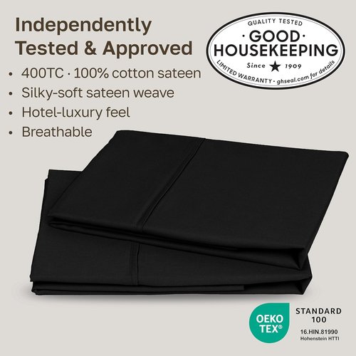 California Design Den King Size Pillowcase Set - 400 Thread Count, 100% Cotton Sateen, Soft & Breathable | Black