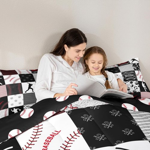 Erosebridal Kids Baseball Comforter Set Full Softball Boys Bedding Set Sports Game Quilted Comforter for Boys Patchwork Down Comforter Baseball Gift Duvet Insert for Teens, Red Black Gray