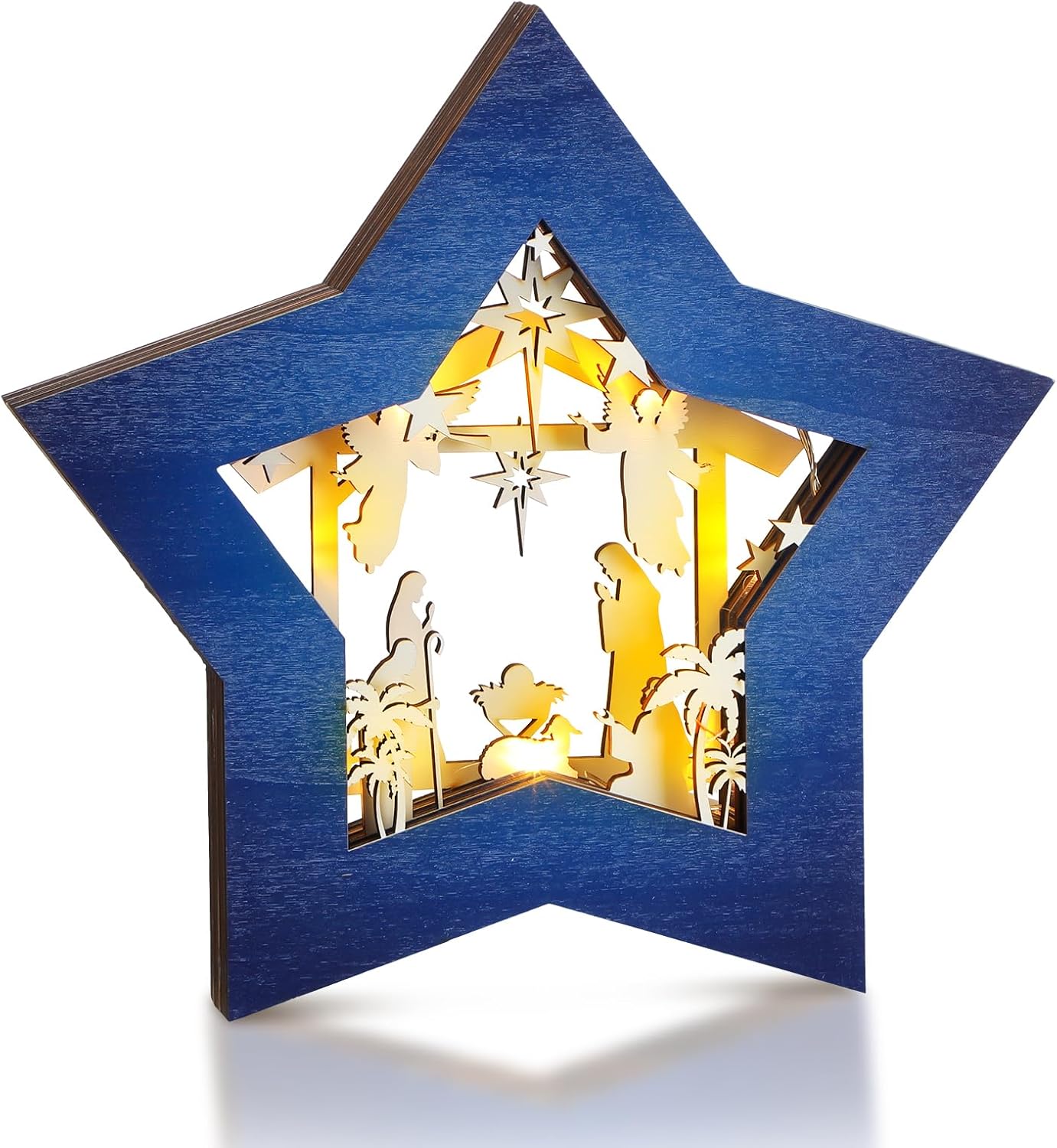 Skiennix Wooden Nativity Scene Set - Rustic Christmas Tabletop Decoration with LED Lights | Blue & White