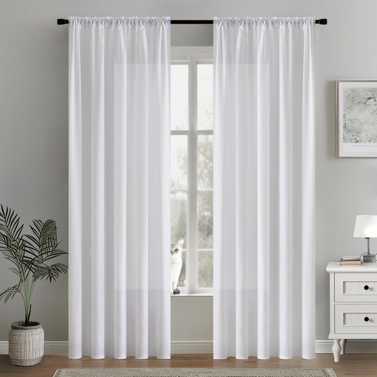 MIULEE White Sheer Curtains - Light Filtering Privacy Drapes, 84 Inches Long, 2 Panels Set