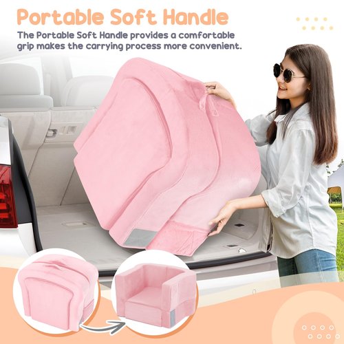 whiffee Toddler Travel Bed, 2-in-1 Foldable Portable Toddler Bed Sofa Chair, Soft Baby Kids Travel Floor Cot with Washable Covers Safety Foam Raised Bumper for Camping Hotel Sleeping (Pink)
