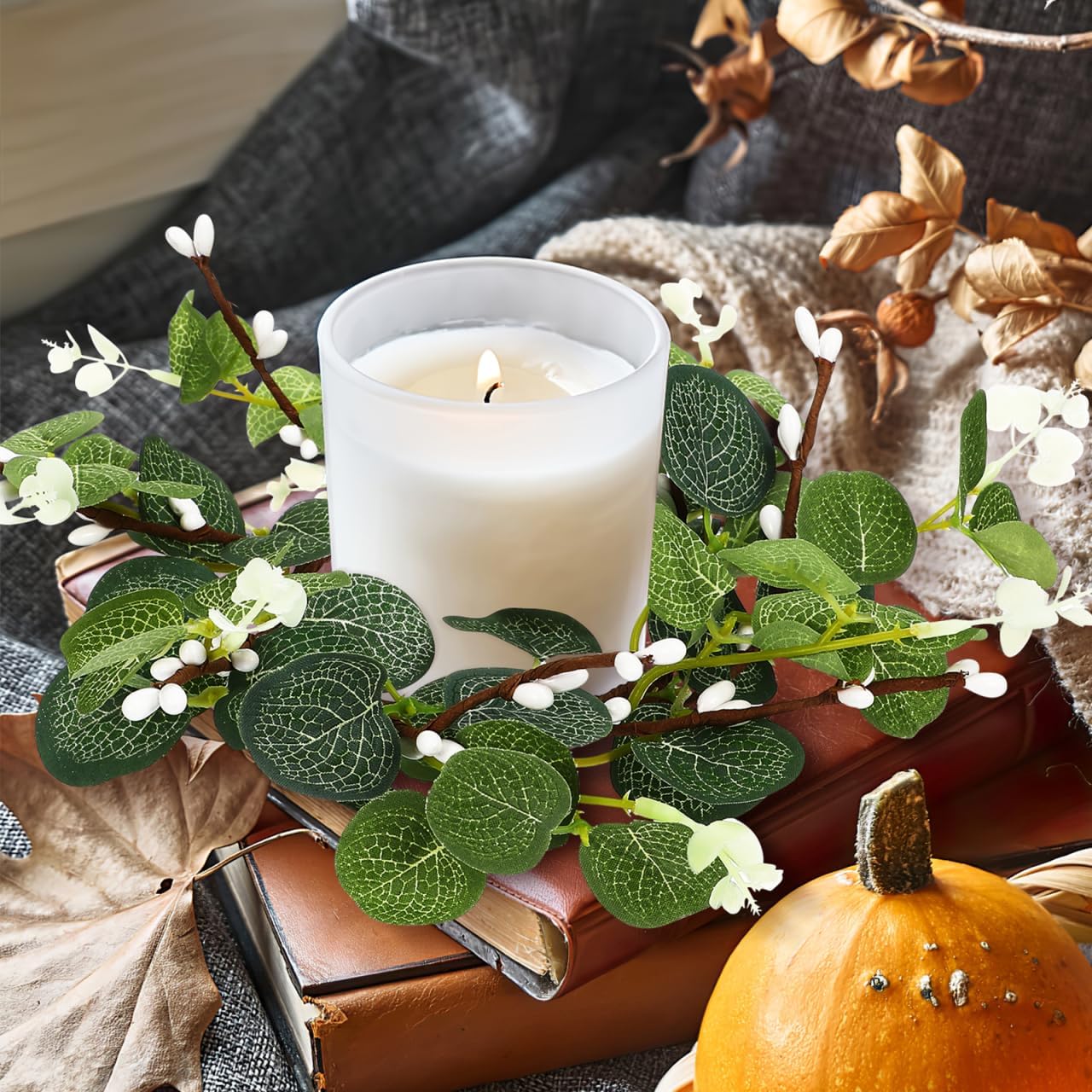 Zerodeko Easter Candle Ring Set - Eucalyptus Leaves Wreath Pillar Holders | Mini Green Decor, 8cm