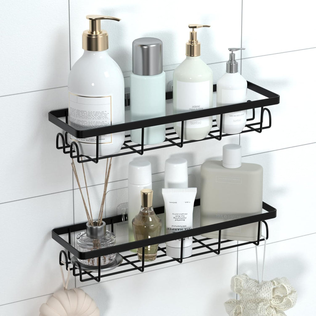 Shower Caddy Organizer - Self-Adhesive Bathroom Shelves with Hooks | No Drilling, 2 Pack Black